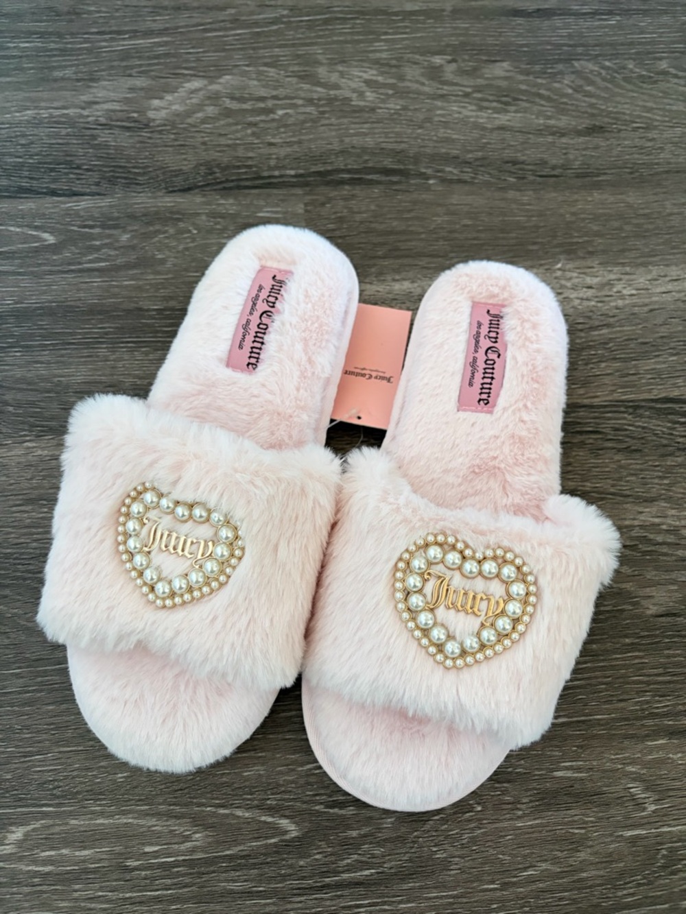 Juicy Couture Blush Pink Faux Fur Pearl Heart Slides